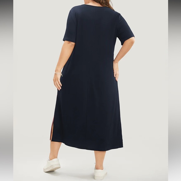 Colorblock Contrast V Neck Pocket Split Hem Dress - Picture 2 of 3
